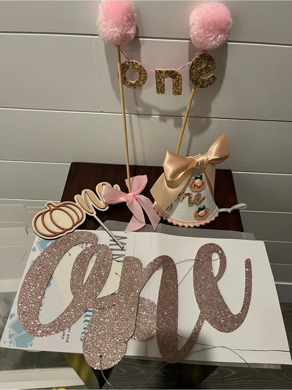 One First Birthday Party (Pumpkin Theme) Banner and Décor Set - Pink and Gold